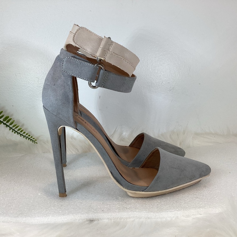 JUSTFAB DOUBLE ANKLE STRAP STILETTO POINT TOE HEELS GREY SZ 7.5